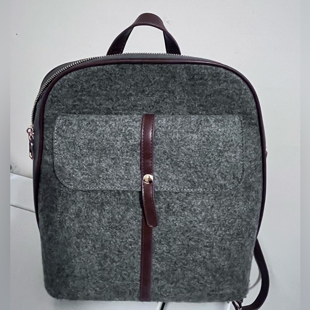 Women’s Gray Felt Backpack with Brown Trim